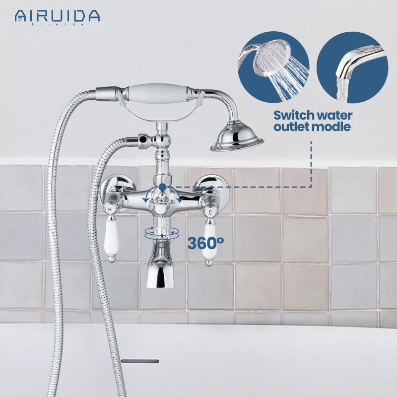 Airuida Wall Mount Bathtub Shower Faucet Kit with Telephone Shaped Handheld Sprayer Double Hot and Cold Water Mixer Tap Wall Mounted Tub Filler Set Vintage Style Lever Handles Chrome Polish - Image 2